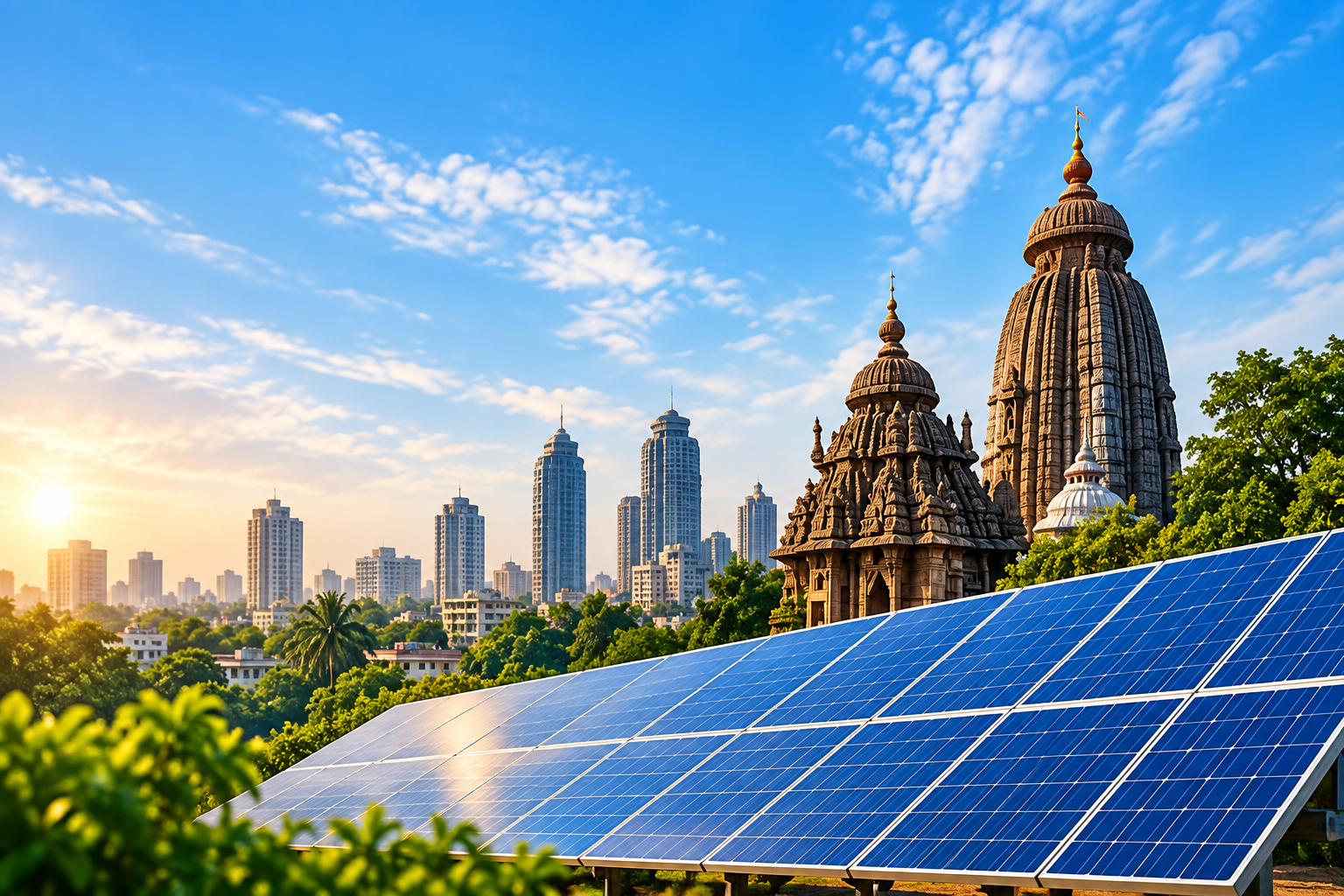 Ground-mounted solar panels with the Bhubaneswar skyline and temple spires in the background