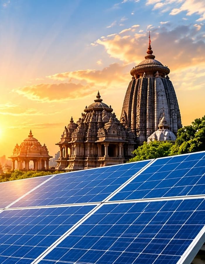 Solar panels with the Bhubaneswar temple skyline in the background