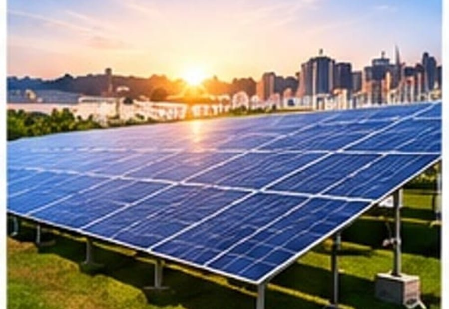 Ground-mounted solar panels with the Bhubaneswar skyline in the background