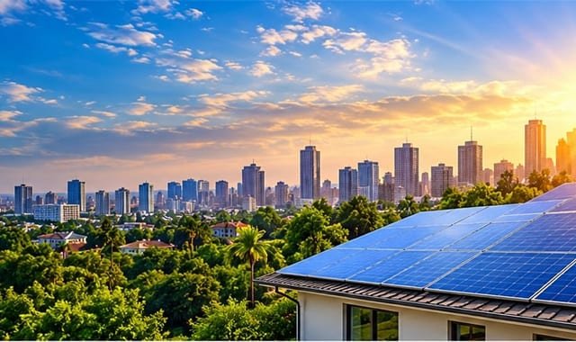 Solar panels on a rooftop overlooking a city skyline