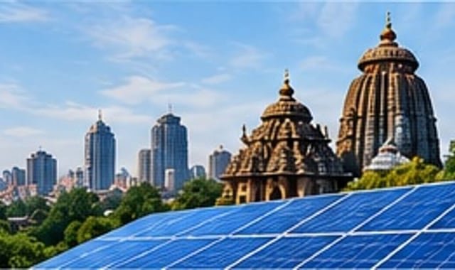 Solar panels with the Bhubaneswar temple skyline in the background