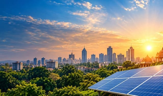 Rooftop solar panels overlooking a city skyline at sunset