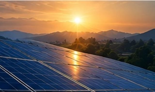Solar panels at sunset in the hills