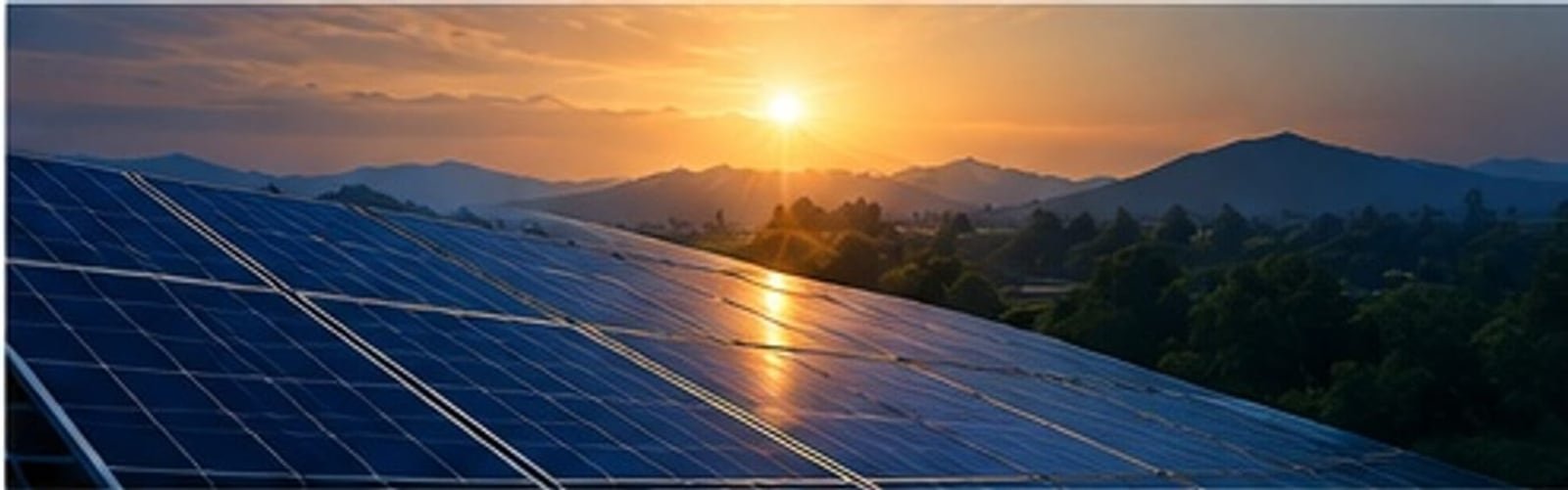 Rows of ground-mounted solar panels at a utility-scale plant at sunset