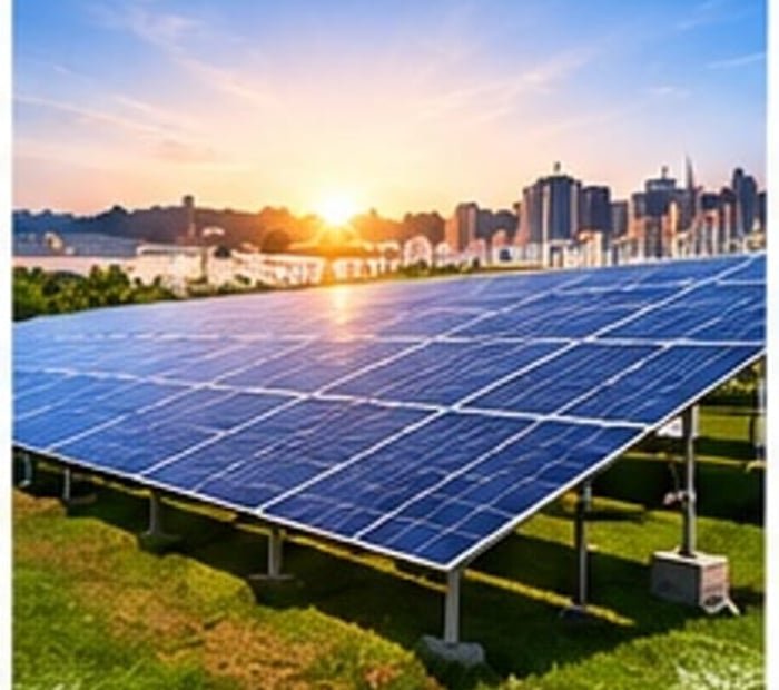 Ground-mounted solar panel array under a clear sky