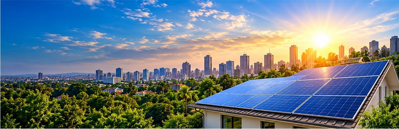 Rooftop solar panels overlooking the city skyline at sunset