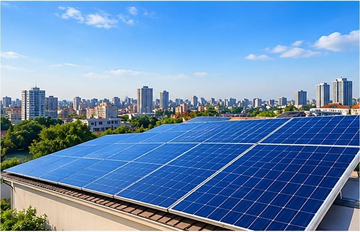 Rooftop solar panels overlooking the city skyline
