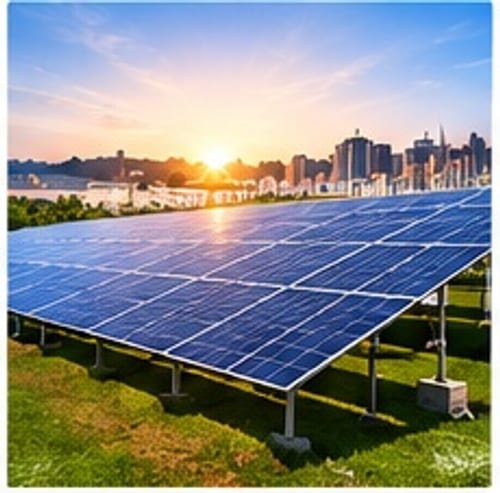 Ground-mounted solar power plant with city skyline at sunset