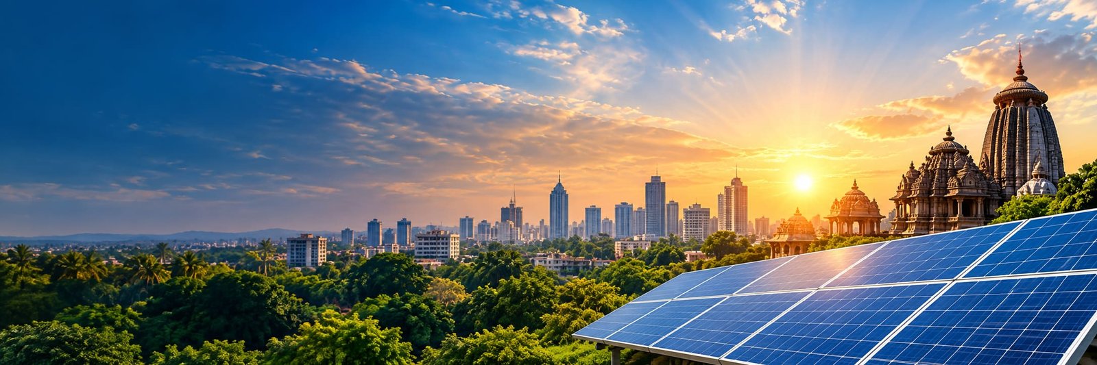 Rooftop solar panels overlooking the Bhubaneswar city skyline and temple spires at sunset