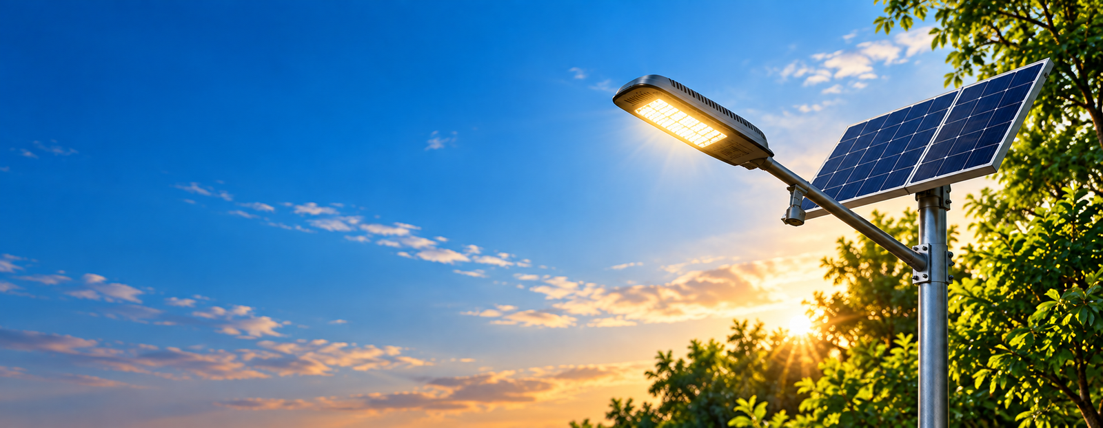Solar street light with panel illuminating a road at dusk