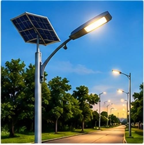 Solar street lights illuminating a road at night