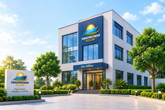 Illustration of a SWAPNESWAR SOLAR branded office building